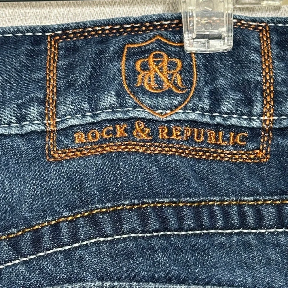 Rock & Republic Mens 34x34 Bootcut Jeans Dark Blue Wash Distressed Flap Pockets